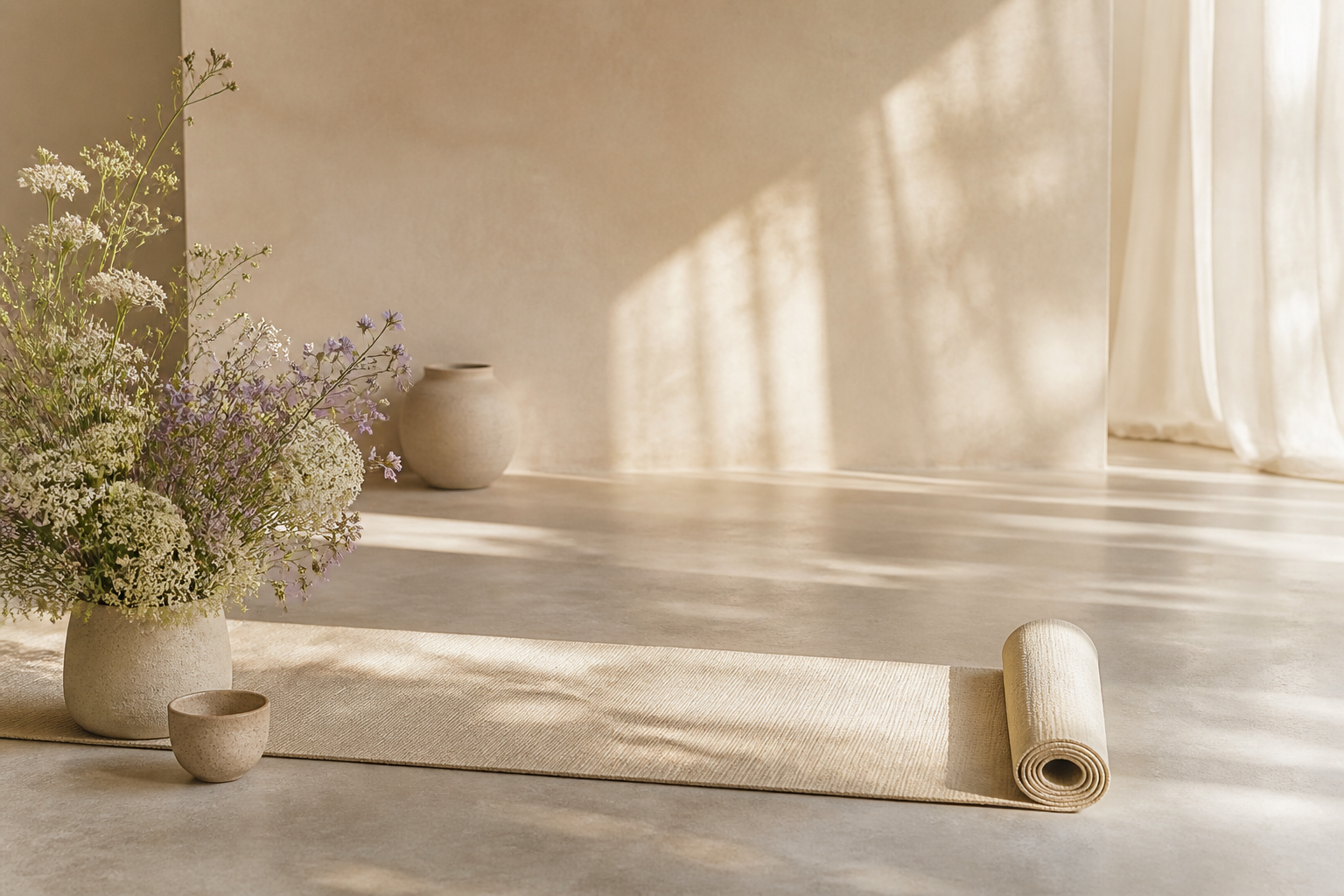 Wildflowers beside a yoga mat and tea cup in a calm room